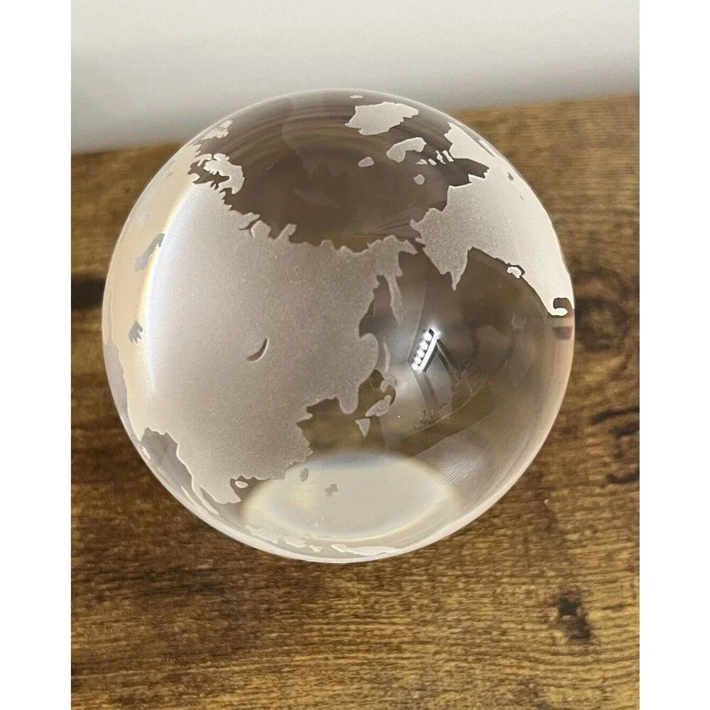 Vtg Clear WORLD MAP GLOBE Etched Glass Large Marble Paperweight Office Decor